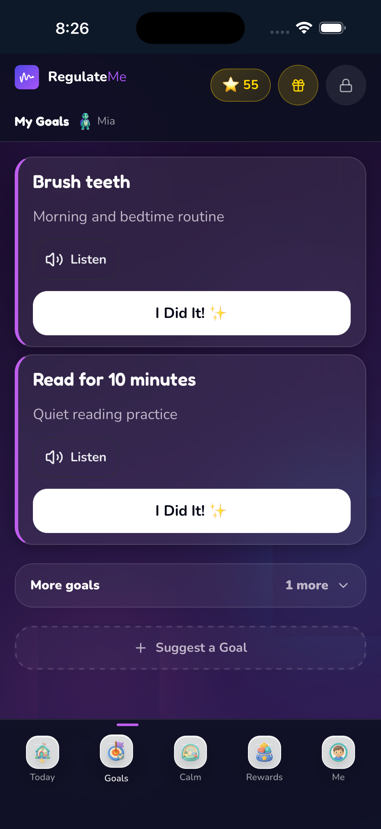 Child’s goal list with Brush teeth, Read for 10 minutes, Listen and I Did It buttons.