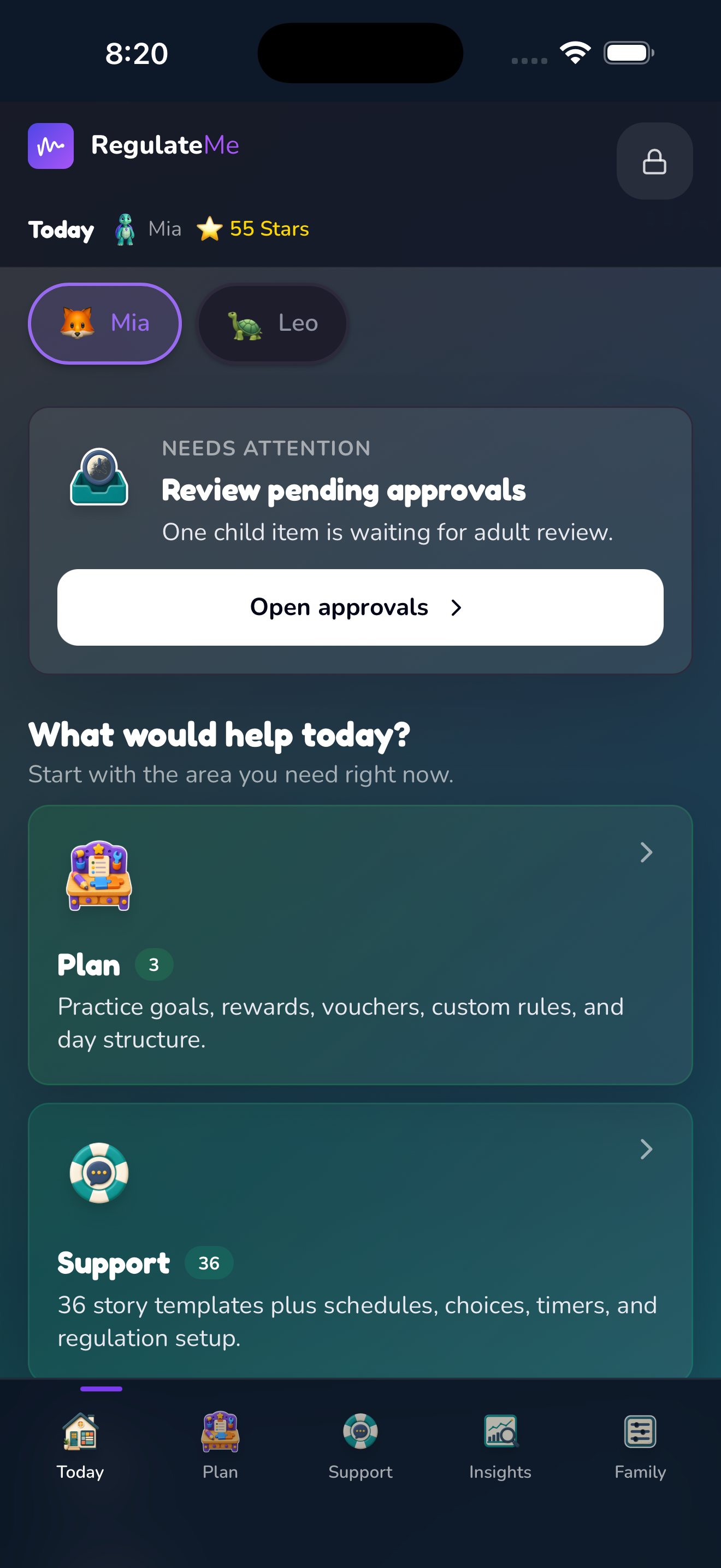 Parent view showing a pending request and an Open approvals button.